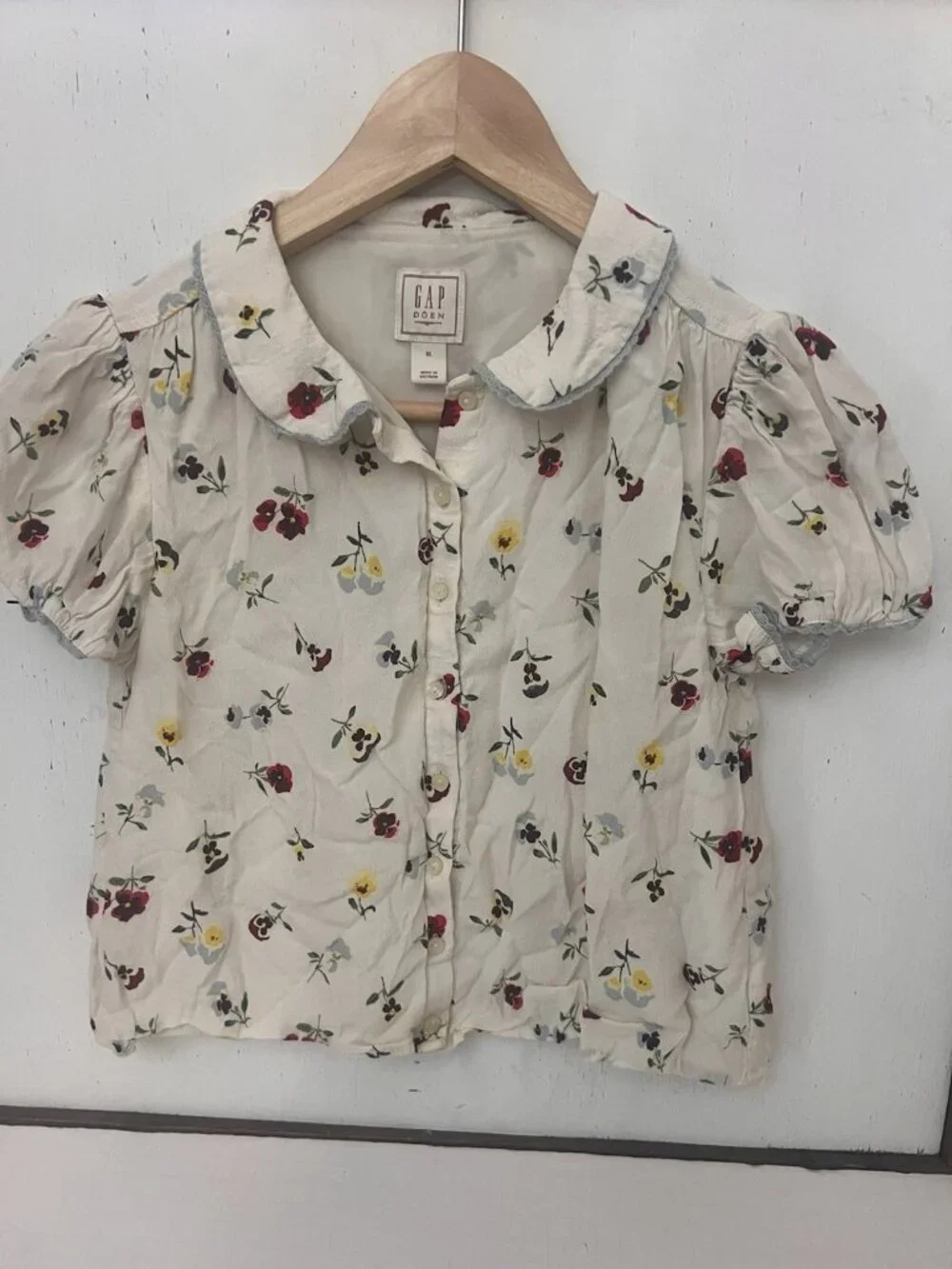 Gap x Doen Girls White Floral Cropped Blouse Cap Sleeve Size XL.       Ab